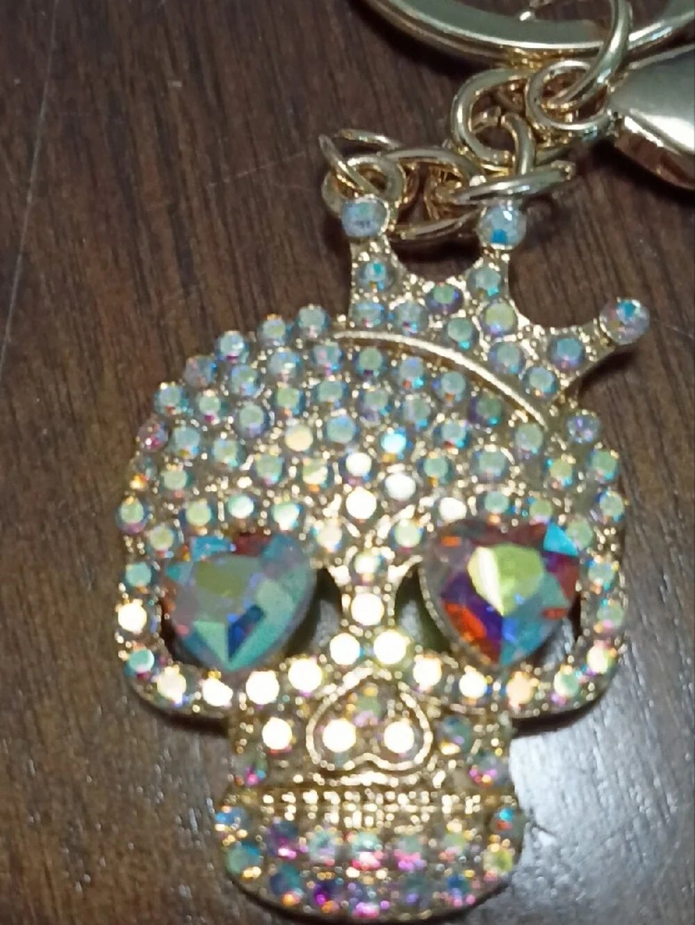 Crystal Iridescent Skull Crown Keychain/Bag Charm - Gold Tone